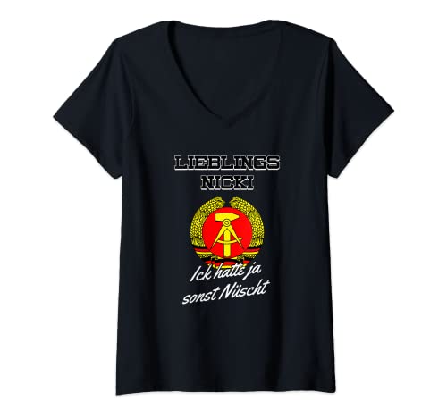 Damen Lustiges DDR Nicki Geschenk Hatten ja Nüscht Mottoparty T-Shirt mit V-Ausschnitt Damen Lustiges DDR Nicki Geschenk Hatten ja Nüscht Mottoparty T-Shirt mit V-Ausschnitt von DDR Nostalgie Outfit | Kult Geschenkidee