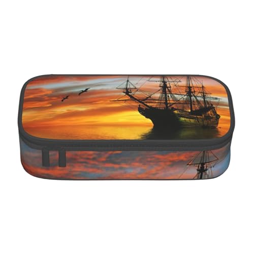 DDSFvbv Federmäppchen mit Kreuzfahrtschiff-Segelmotiv im Ozean mit Sonnenuntergang – Studenten- und Bürobedarf – Aufbewahrungstasche für Gegenstände – Make-up-Tasche – große Schreibwarentasche von DDSFvbv