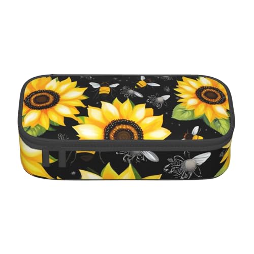 DDSFvbv Federmäppchen mit Sonnenblumen-Bienen, für Studenten und Bürobedarf, Aufbewahrungstasche für Gegenstände, Make-up-Tasche, große Schreibwarentasche, Schwarz , Einheitsgröße, Taschen-Organizer von DDSFvbv