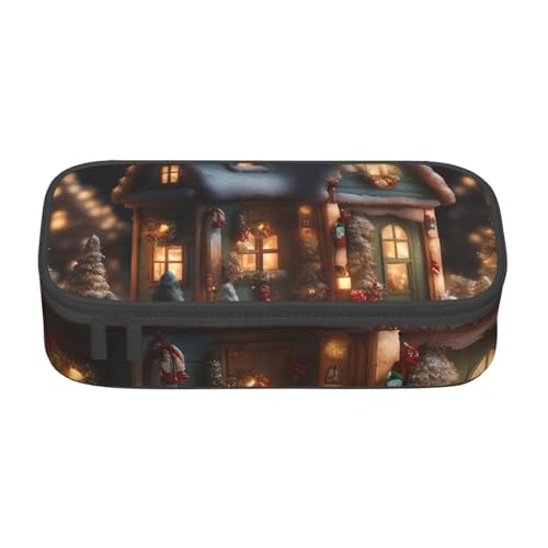 DDSFvbv Federmäppchen mit Weihnachtsdorfhaus, für Studenten und Bürobedarf, Aufbewahrungstasche für Gegenstände, Make-up-Tasche, große Schreibwarentasche, Schwarz , Einheitsgröße, Taschen-Organizer von DDSFvbv