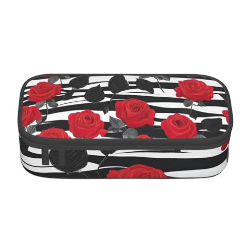 DDSFvbv Federmäppchen mit schwarzen weißen Streifen und roten Rosen – Studenten- und Bürobedarf – Aufbewahrungstasche für Gegenstände – Make-up-Tasche – große Schreibwarentasche, Schwarz von DDSFvbv