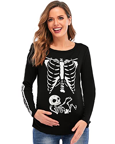 DDSOL Damen Halloween Skelett Kürbis Umstandsmode Langarm Schwangerschaft Shirt, skelett, Groß von DDSOL