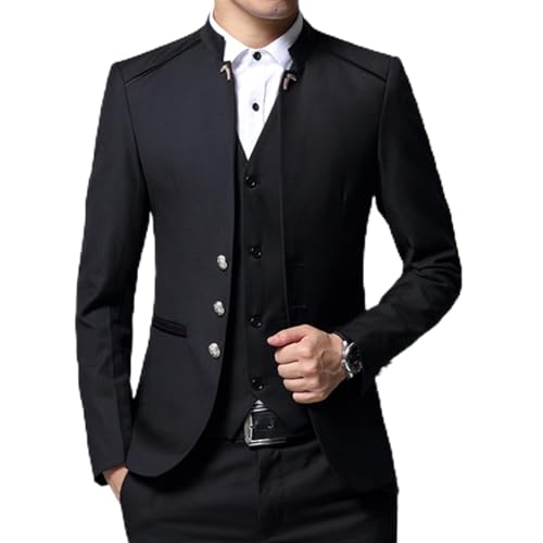 DDSP Herrenanzug 3 Stück Set Slim Fit Jacke Hosen Weste Hochzeit Bankett Männliche Stehkragen Solide Farbe Business Casual Blazer Mantel (Color : Black, Size : Asian L is Eur S) von DDSP