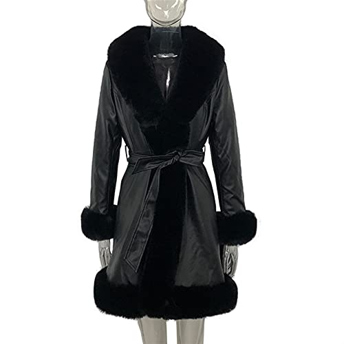 Seitentaschen Jacken Elegante solide Faux Pelzjacke Frauen Pu. Leder Krawatte Gürtel Taille Lange Mäntel Weibliche Mantel Dame (Color : Black, Size : S.) von DDSP