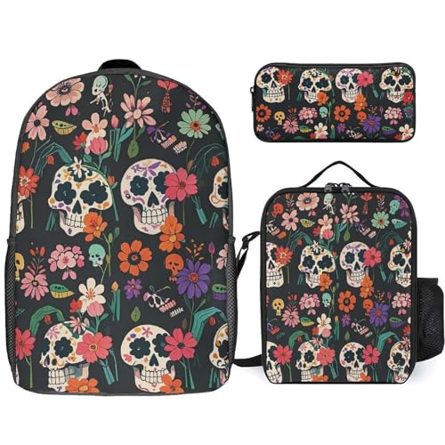 3-teiliger Rucksack für Damen und Herren, leicht, lässig, Tagesrucksack, Schultertaschen-Set mit isolierter Lunchtasche und Federmäppchen, Organizer, Tag der Toten, florales Totenkopf-Muster von DDTKLSNV