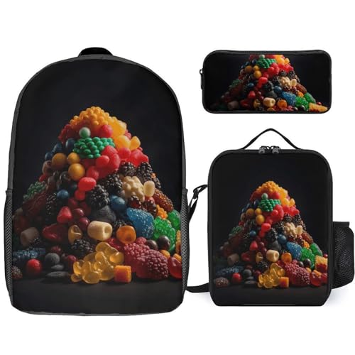 3-teiliger Rucksack für Damen und Herren, leicht, lässig, Tagesrucksack, Schultertaschen-Set mit isolierter Lunchtasche und Federmäppchen, Organizer mit bunten Süßigkeiten von DDTKLSNV