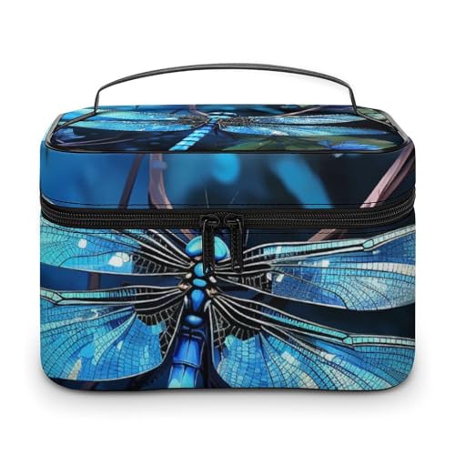 DDTKLSNV Art Blue Libellen-Make-up-Tasche, tragbare Reise-Kosmetiktasche, Reißverschluss, Make-up-Organizer, Kulturbeutel für Damen von DDTKLSNV