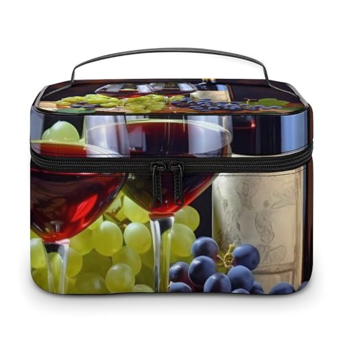 DDTKLSNV Art Rotwein-Galsses & Trauben-Make-up-Tasche, tragbare Reise-Kosmetiktasche, Reißverschluss, Make-up-Organizer, Kulturbeutel für Damen von DDTKLSNV