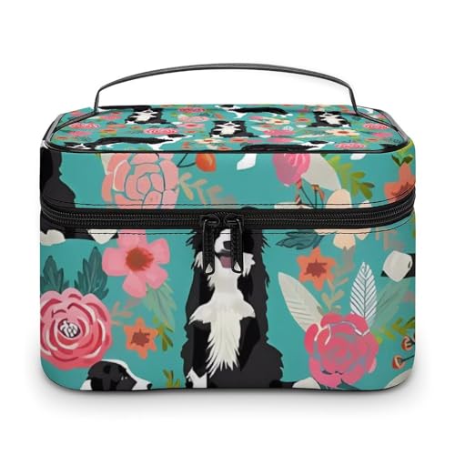 DDTKLSNV Border Collie Make-up-Tasche mit Blumenmuster, tragbar, Reise-Kosmetiktasche, Reißverschluss, Make-up-Organizer, Kulturbeutel für Damen von DDTKLSNV