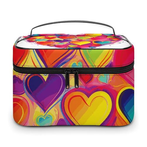 DDTKLSNV Bunte Herz-Make-up-Tasche, tragbare Reise-Kosmetiktasche, Reißverschluss, Make-up-Organizer, Kulturbeutel für Damen von DDTKLSNV