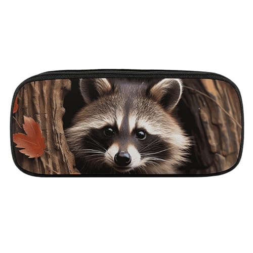 DDTKLSNV Federmäppchen aus Leder, wasserdicht, niedliches Federmäppchen, Reise-Kosmetiktasche, Make-up-Tasche, Organizer, Stifthalter für Männer und Frauen, Waschbär im Herbstbaumloch von DDTKLSNV