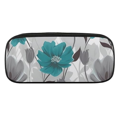 DDTKLSNV Federmäppchen aus Leder, wasserdicht, niedliches Federmäppchen, Reise-Kosmetiktasche, Organizer, Stifthalter für Männer und Frauen, Blaugrün, Grau und Weiß, Blumenmuster von DDTKLSNV