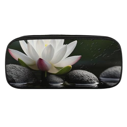 DDTKLSNV Federmäppchen aus Leder, wasserdicht, niedliches Federmäppchen, Reise-Kosmetiktasche, Organizer, Stifthalter für Männer und Frauen, Blume und schwarze Zen-Steine von DDTKLSNV