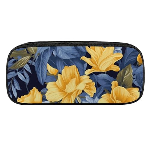 DDTKLSNV Federmäppchen aus Leder, wasserdicht, niedliches Federmäppchen, Reise-Kosmetiktasche, Organizer, Stifthalter für Männer und Frauen, blaue Basis, gelbes Blumenmuster von DDTKLSNV