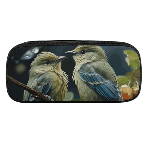 DDTKLSNV Federmäppchen aus Leder, wasserdicht, niedliches Federmäppchen, Reise-Kosmetiktasche, Organizer, Stifthalter für Männer und Frauen, grüne Blätter und Vögel von DDTKLSNV