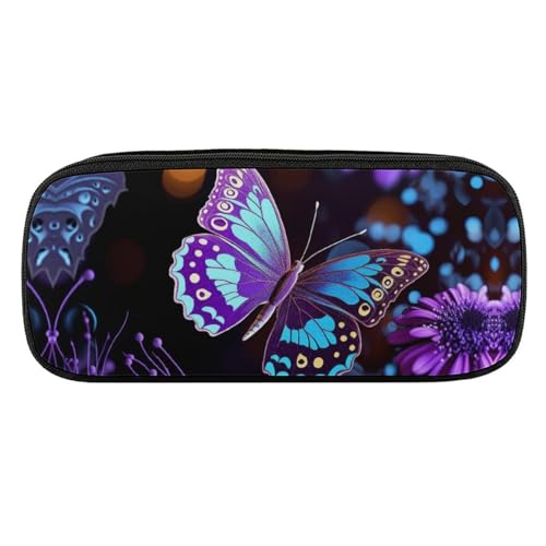 DDTKLSNV Federmäppchen aus Leder, wasserdicht, niedliches Federmäppchen, Reise-Kosmetiktasche, Organizer, Stifthalter für Männer und Frauen, lila Schmetterling und Blumen von DDTKLSNV