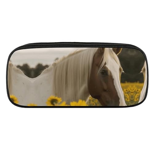 DDTKLSNV Federmäppchen aus Leder, wasserdicht, niedliches Stifteetui, Reise-Kosmetiktasche, Organizer, Stifthalter für Männer und Frauen, Gänseblümchen und Pferd von DDTKLSNV