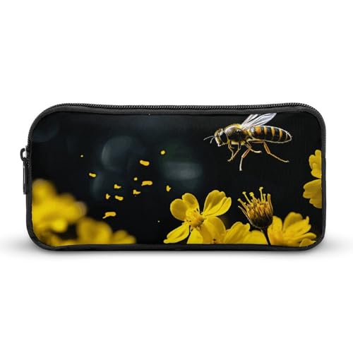 DDTKLSNV Federmäppchen mit Bienen fliegen über Blumen, großes Fassungsvermögen, niedliches Federmäppchen, Make-up-Kosmetiktasche für Damen und Herren von DDTKLSNV