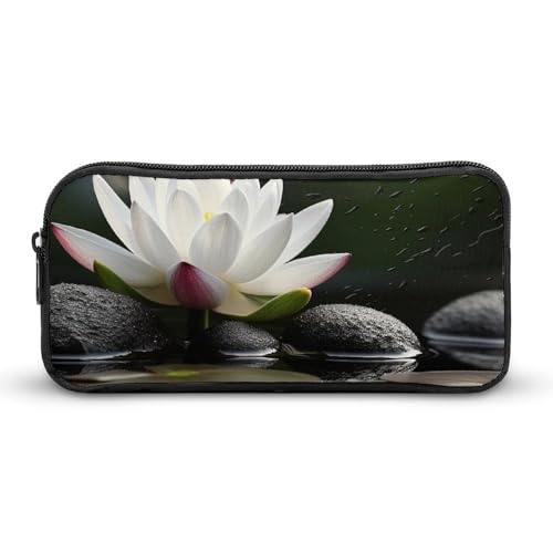 DDTKLSNV Federmäppchen mit Blumenmotiv und schwarzen Zen-Steinen, großes Fassungsvermögen, niedliches Federmäppchen, Make-up-Kosmetiktasche für Damen und Herren von DDTKLSNV