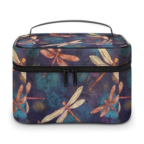DDTKLSNV Handbemalte Make-up-Tasche mit Libellen-Motiv, tragbare Reise-Kosmetiktasche, Reißverschluss, Make-up-Organizer, Kulturbeutel für Damen von DDTKLSNV
