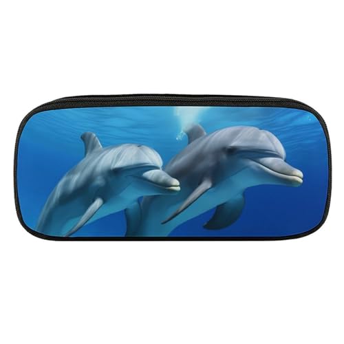 DDTKLSNV Leder-Federmäppchen, wasserdicht, niedliches Federmäppchen, Reise-Kosmetiktasche, Make-up-Tasche, Organizer, Stifthalter für Männer und Frauen, Delfine im von DDTKLSNV