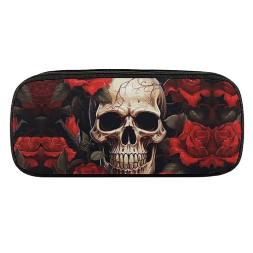 DDTKLSNV Leder-Federmäppchen, wasserdicht, niedliches Federmäppchen, Reise-Kosmetiktasche, Make-up-Tasche, Organizer, Stifthalter für Männer und Frauen, Totenkopf-Rosenrot von DDTKLSNV