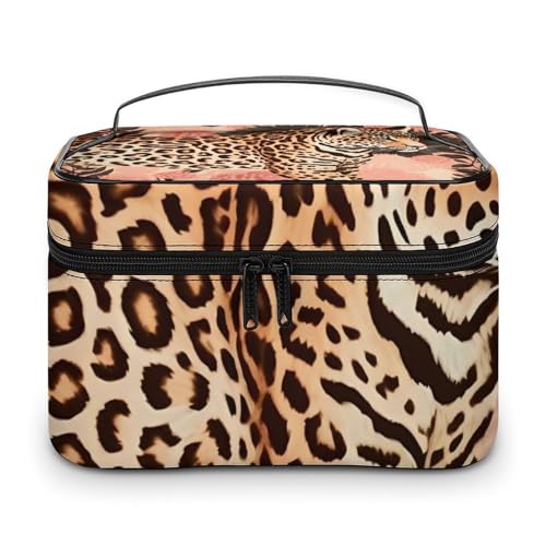DDTKLSNV Make-up-Tasche, gestreift, Leopardenmuster, tragbar, Reise-Kosmetiktasche, Reißverschluss, Make-up-Organizer, Kulturbeutel für Damen von DDTKLSNV