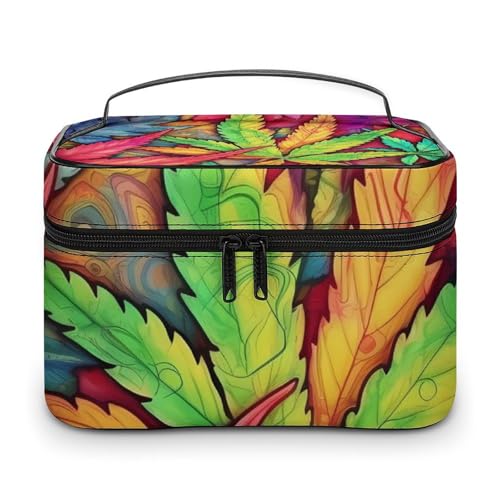 DDTKLSNV Make-up-Tasche, mehrfarbig, mit Blattmotiv, tragbare Reise-Kosmetiktasche, Reißverschluss, Make-up-Organizer für Damen von DDTKLSNV