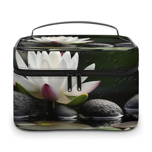 DDTKLSNV Make-up-Tasche mit Blumenmotiv und schwarzen Zen-Steinen, tragbare Reise-Kosmetiktasche, Reißverschluss, Make-up-Organizer, Kulturbeutel für Damen von DDTKLSNV