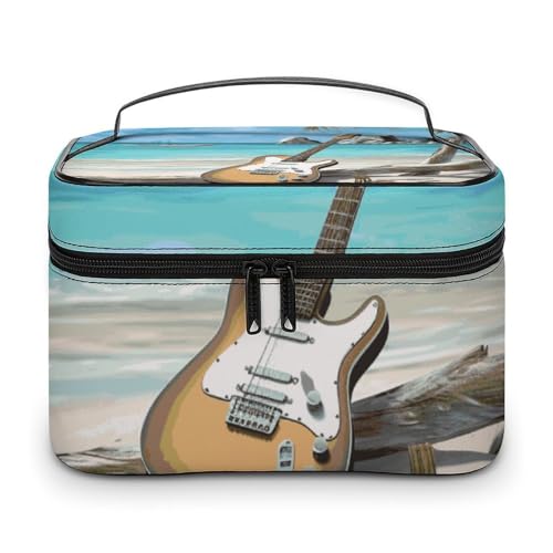 DDTKLSNV Make-up-Tasche mit Gitarre am Strand, tragbare Reise-Kosmetiktasche, Reißverschluss, Make-up-Organizer, Kulturbeutel für Damen von DDTKLSNV