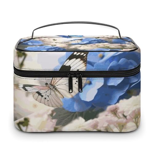 DDTKLSNV Make-up-Tasche mit Hortensien, Gänseblümchen, Schmetterlinge, tragbar, Reise-Kosmetiktasche, Reißverschluss, Make-up-Organizer, Kulturbeutel für Damen von DDTKLSNV