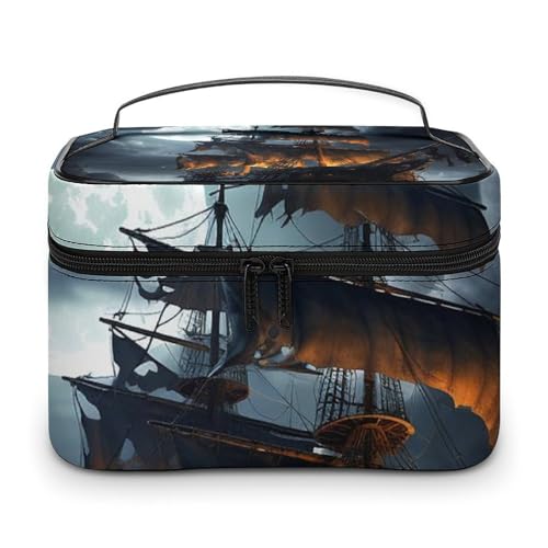 DDTKLSNV Make-up-Tasche mit Piraten-Segelboot, tragbar, Reise-Kosmetiktasche, Reißverschluss, Make-up-Organizer für Damen von DDTKLSNV