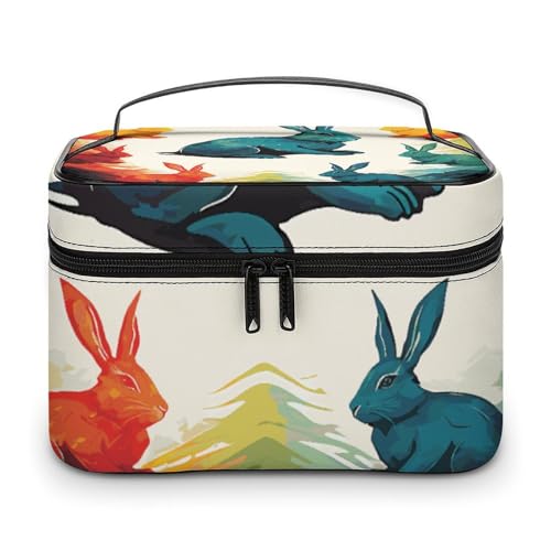 DDTKLSNV Make-up-Tasche mit Regenbogen-Kaninchen-Motiv, tragbare Reise-Kosmetiktasche, Reißverschluss, Make-up-Organizer, Kulturbeutel für Damen von DDTKLSNV
