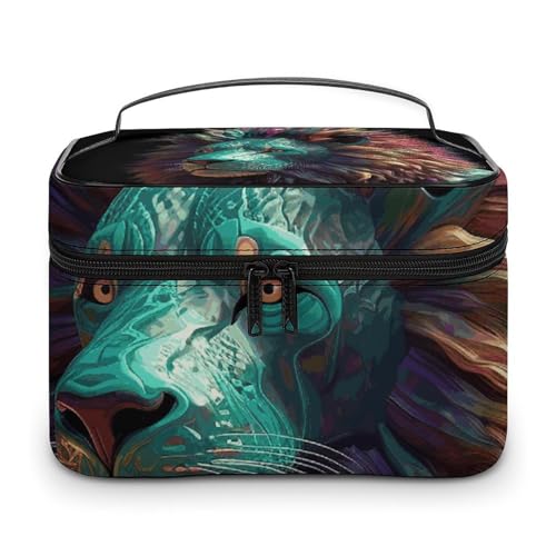 DDTKLSNV Make-up-Tasche mit abstraktem 3D-Kunst-Löwen-Design, tragbare Reise-Kosmetiktasche, Reißverschluss, Make-up-Organizer, Kulturbeutel für Damen von DDTKLSNV