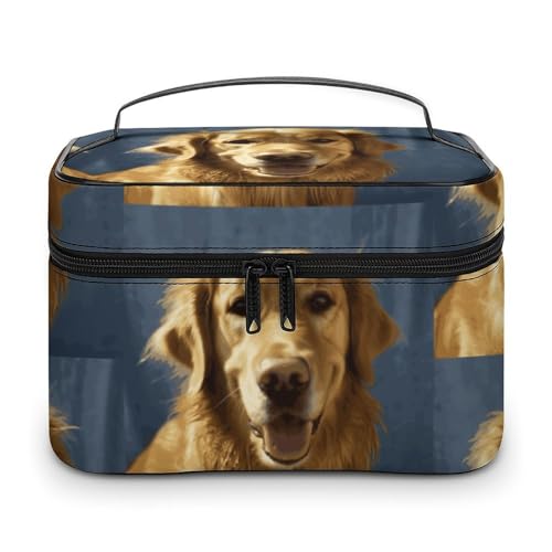 DDTKLSNV Make-up-Tasche mit goldfarbenem Hund, tragbare Reise-Kosmetiktasche, Reißverschluss, Make-up-Organizer, Kulturbeutel für Damen von DDTKLSNV