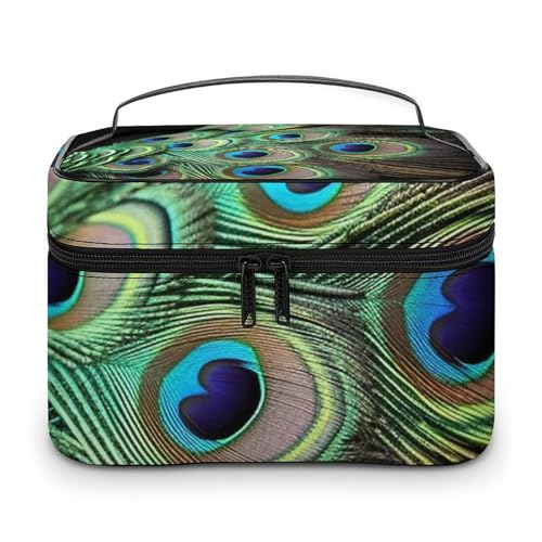 DDTKLSNV Make-up-Tasche mit grünen Pfauenfedern, tragbare Reise-Kosmetiktasche, Reißverschluss, Make-up-Organizer, Kulturbeutel für Damen von DDTKLSNV
