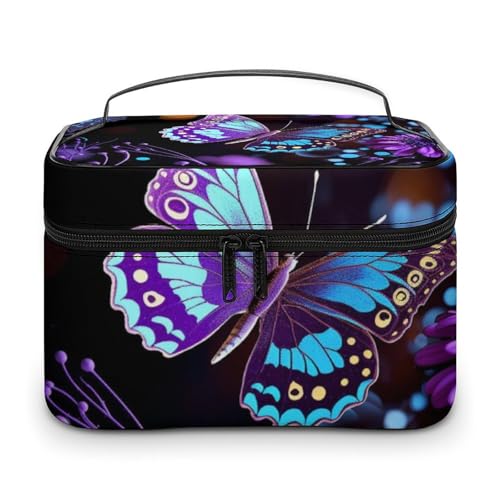 DDTKLSNV Make-up-Tasche mit lila Schmetterlingen und Blumen, tragbare Reise-Kosmetiktasche, Reißverschluss, Make-up-Organizer, Kulturbeutel für Damen von DDTKLSNV
