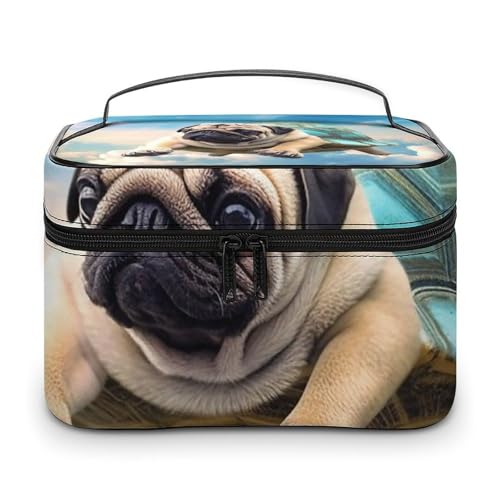 DDTKLSNV Make-up-Tasche mit lustigem Schildkröten-Mops-Motiv, tragbare Reise-Kosmetiktasche, Reißverschluss, Make-up-Organizer, Kulturbeutel für Damen von DDTKLSNV