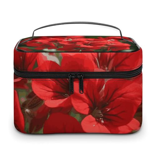 DDTKLSNV Make-up-Tasche mit roten Geranien, tragbare Reise-Kosmetiktasche, Reißverschluss, Make-up-Organizer, Kulturbeutel für Damen von DDTKLSNV