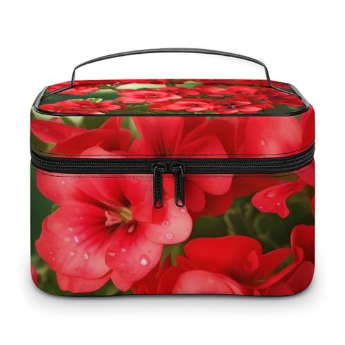 DDTKLSNV Make-up-Tasche mit roten Geranien, tragbare Reise-Kosmetiktasche, Reißverschluss, Make-up-Organizer, Kulturbeutel für Damen von DDTKLSNV
