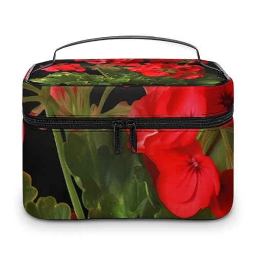 DDTKLSNV Make-up-Tasche mit roten Geranien, tragbare Reise-Kosmetiktasche, Reißverschluss, Make-up-Organizer, Kulturbeutel für Damen von DDTKLSNV