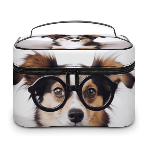 DDTKLSNV Make-up-Tasche mit süßem Hund mit Brille, tragbare Reise-Kosmetiktasche, Reißverschluss, Make-up-Organizer, Kulturbeutel für Damen DDTKLSNV Make-up-Tasche mit süßem Hund mit Brille, tragbare Reise-Kosmetiktasche, Reißverschluss, Make-up-Organizer, Kulturbeutel für Damen von DDTKLSNV