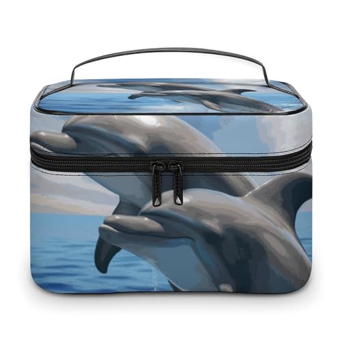 DDTKLSNV Make-up-Tasche mit zwei Delfinen, tragbare Reise-Kosmetiktasche, Reißverschluss, Make-up-Organizer, Kulturbeutel für Damen von DDTKLSNV