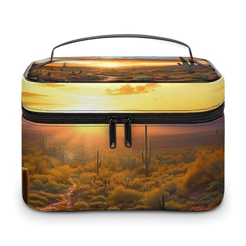 DDTKLSNV Saguaros Make-up-Tasche bei Sonnenuntergang, tragbare Reise-Kosmetiktasche, Reißverschluss, Make-up-Organizer, Kulturbeutel für Damen von DDTKLSNV