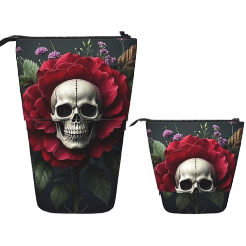 DDTKLSNV Teleskop-Federmäppchen, niedlicher Ständer, Bleistiftbeutel, Pop-Up-Stifthalter, Blumen-Skelett, Rosen in Blüte, Kosmetiktaschen, Schreibtisch-Schreibwarenetui für Bürobedarf, Schwarz von DDTKLSNV