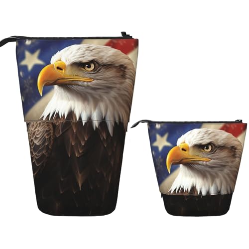 DDTKLSNV Teleskop-Federmäppchen, niedlicher Ständer, Federmäppchen, Pop-Up-Stifthalter, Adler mit USA-Flagge, Kosmetiktaschen, Schreibtisch-Schreibwaren-Etui für Bürobedarf, Schwarz , Einheitsgröße von DDTKLSNV