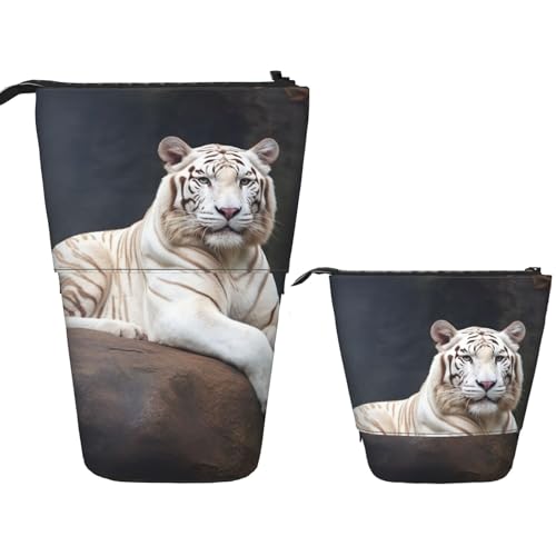 DDTKLSNV Teleskop-Federmäppchen, niedlicher Ständer, Federmäppchen, Pop-Up-Stifthalter, Albino Tiger, sitzend auf Felsen, Tierkosmetiktaschen, Schreibtisch, Schreibwarenetui für Bürobedarf, Schwarz von DDTKLSNV