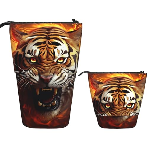 DDTKLSNV Teleskop-Federmäppchen, niedlicher Ständer, Federmäppchen, Pop-Up-Stifthalter, Tiger, heftige Flammen, Kosmetiktaschen, Schreibtisch-Schreibwaren-Etui für Bürobedarf, Schwarz , Einheitsgröße von DDTKLSNV
