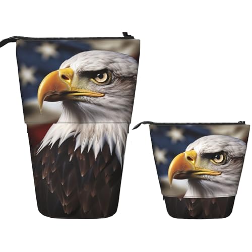 DDTKLSNV Teleskop-Federmäppchen, niedlicher Ständer, Federmäppchen, Pop-Up-Stifthalter, Weißkopfseeadler, US-Flagge, Bilder, Kosmetiktaschen, Schreibtisch, Schreibwarenetui für Bürobedarf, Schwarz von DDTKLSNV