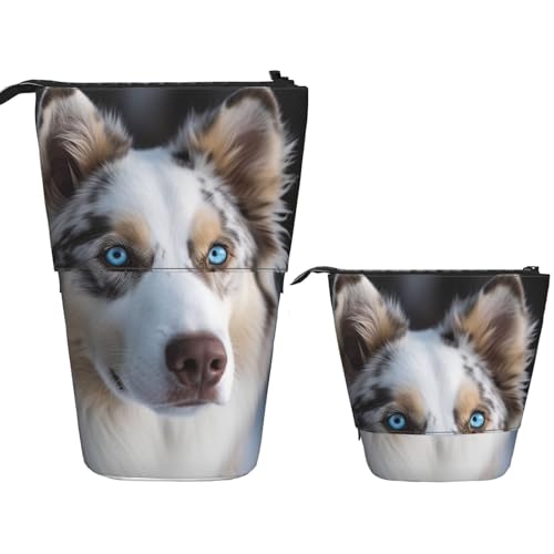 DDTKLSNV Teleskop-Federmäppchen, niedlicher Ständer, Federmäppchen, Pop-Up-Stifthalter, blauäugiger Hund, Kosmetiktasche, Schreibtisch-Schreibwarenetui für Bürobedarf, Schwarz , Einheitsgröße von DDTKLSNV